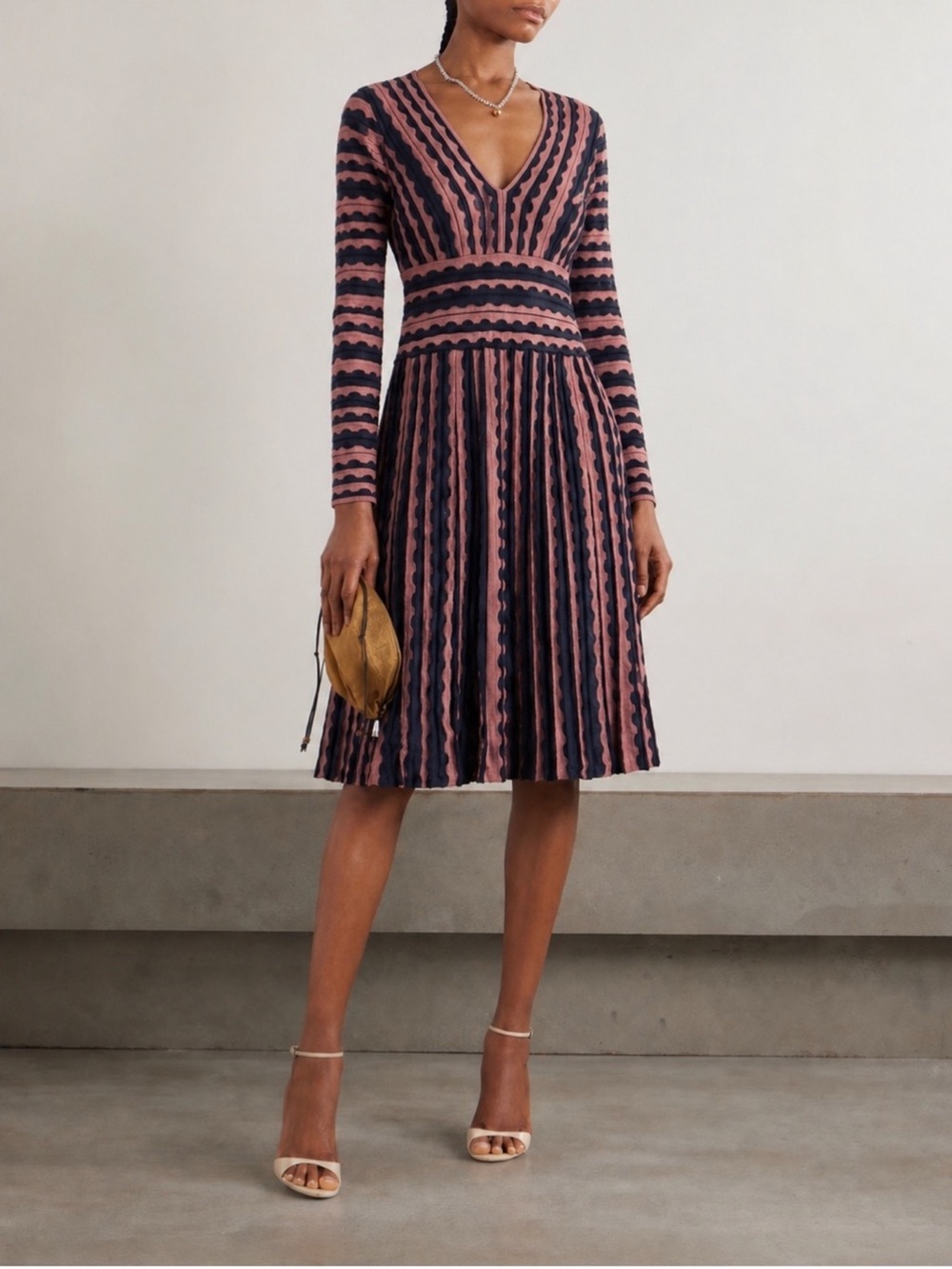 Missoni Wavy Striped Knit Long Sleeve V Neck Midi Dress